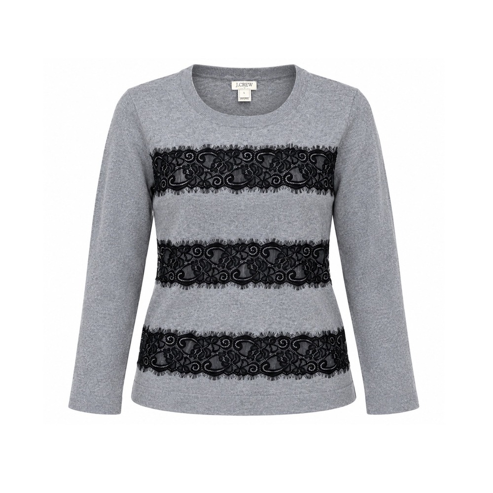 J.Crew Wool Blend Sweater L Gray Lace Trim Crew Neck Long Sleeve Parisian Chic